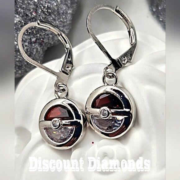 White & Red Diamond Earrings on 925 Sterling Silver -  Women's - Picture 3 of 7